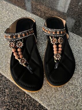 Embellished Black Beaded Thong Sandals - Women's